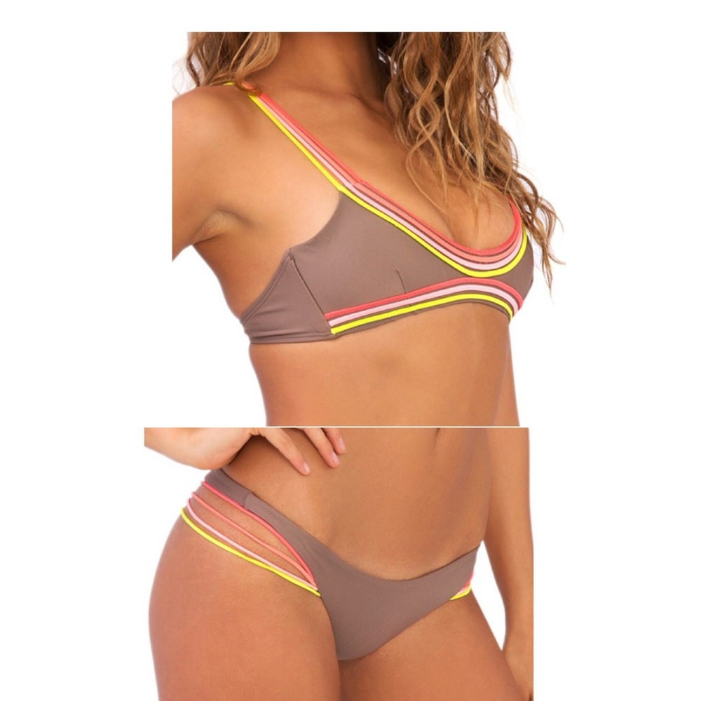 Luli Fama Taupe Bikini with Pink and Yellow Trim